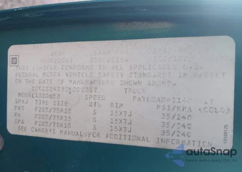 1995 Chevrolet S Truck S10 z USA, uszkodzony, nr VIN 1GCCS19Z7SK200217